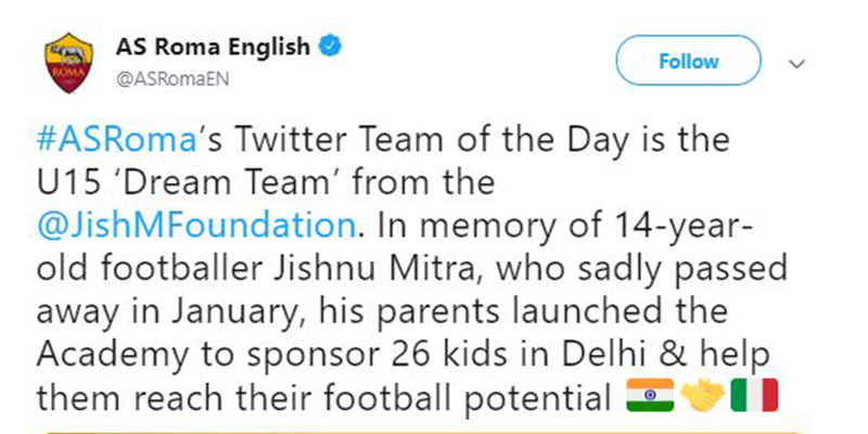 AS Roma tweet on Jishnu Mitra Foundation
