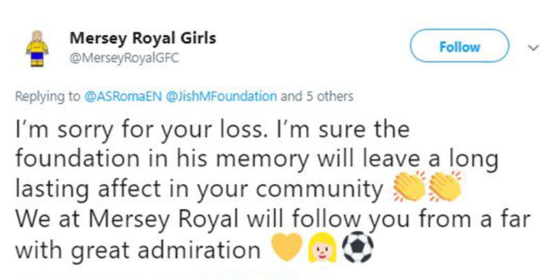 UK football club Mersey Royal Girls tweet to Jishnu Mitra Foundation